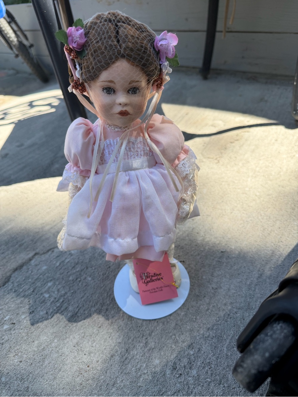 Porcelain Doll in Pink Lace Dress with Floral Headpiece